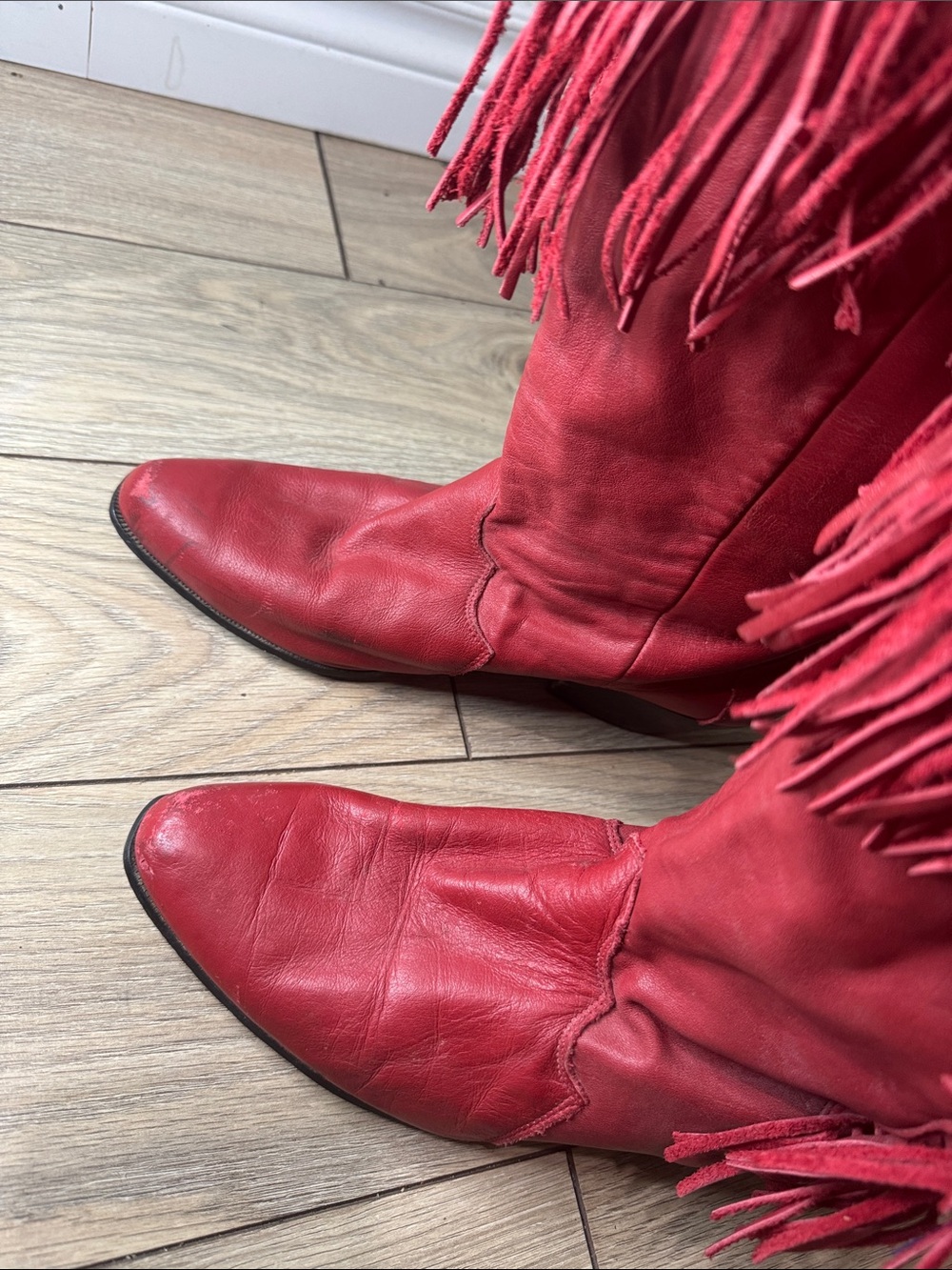 Western Red Fringe Leather Women's Boots - Picture 3 of 11